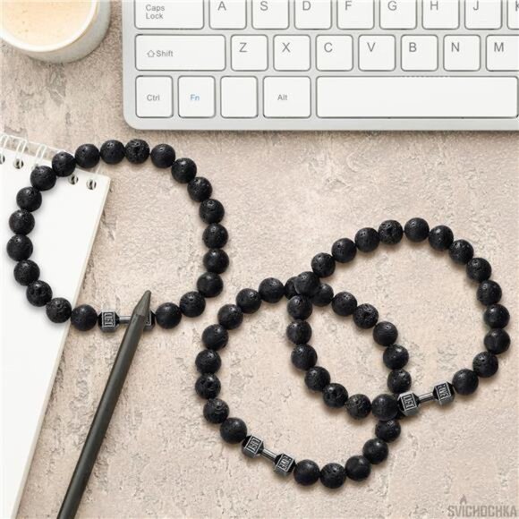 Men Women Beaded Bracelet Lava Stone Dumbbell Gym Stretch Elastic Motivational - Picture 6 of 8